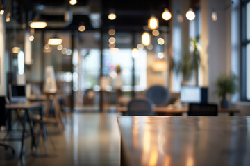 Poster - coworking space with blurred background, showcasing modern office furniture and decor