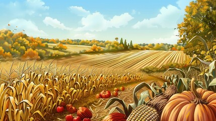 Aufkleber - A bountiful harvest of corn, pumpkins, and apples fills a rural field on a bright autumn day.