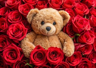 adorable teddy bear surrounded by lush red roses on a soft focus background, conveying love, romance