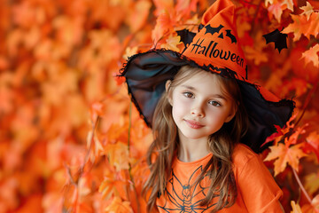 Adorable young girl dressed in a Halloween-themed outfit with a witch hat, standing against an orange autumn background. Ideal for holiday celebrations and seasonal portraits.