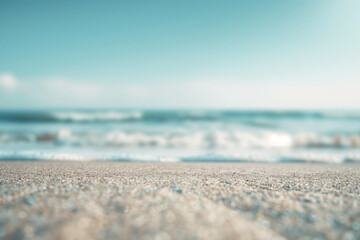 Aufkleber - Seascape abstract beach background. blur bokeh light of calm sea and sky. Focus on sand foreground.