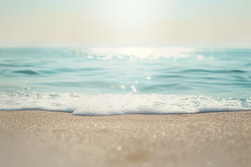 Aufkleber - Seascape abstract beach background. blur bokeh light of calm sea and sky. Focus on sand foreground.