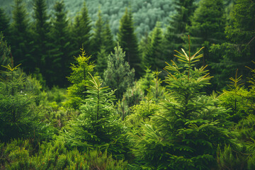 Healthy green trees in a forest of old spruce, fir and pine