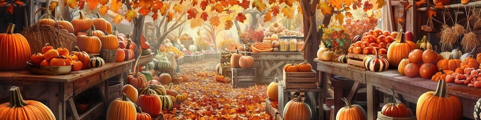 Poster - Alive with pumpkins and produce, a farmers market is nestled under fall foliage, offering a picturesque setting for local harvest