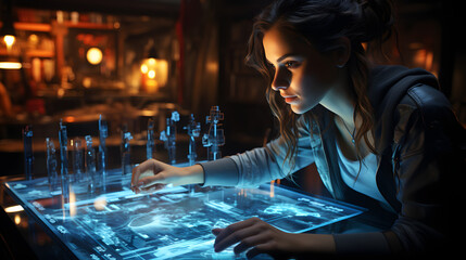 Poster - A woman in a blue jacket sits at a table with a glowing holographic screen and interacts with the screen, looking intently.