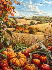 Poster - A bountiful harvest of corn, pumpkins, and apples in a rural field on a beautiful autumn day.