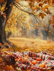 Poster - A checkered picnic blanket is laid out on the ground in an autumn forest. A wicker basket overflowing with food and drink sits next to a bowl of apples and pumpkins.
