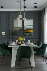 Poster - Interior of luxury dining room with grey walls, wooden floor, green armchairs and round table with green chairs.