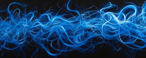 Aufkleber - Abstract blue light trails on black background, dynamic motion lines. Digital art and technology concept