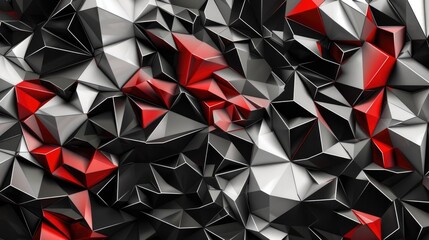 Poster - Black red low-polygonal background in the form of polygons and white lines between them. AI generative.