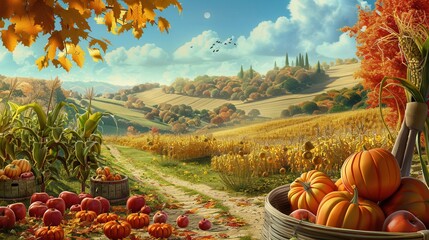 Poster - A dirt road winds through a scenic countryside dotted with fields of corn, pumpkins, and apples. The harvest is in full swing, and the air is filled with the scents of fall.