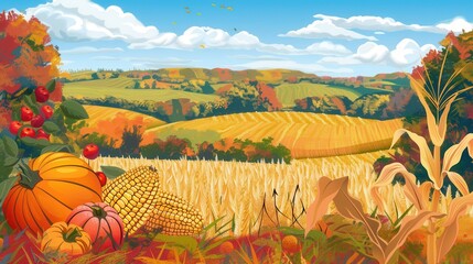 Poster - A picturesque autumn scene with a field of corn and pumpkins in the foreground, a rolling landscape of hills and fields in the background, and a blue sky with fluffy clouds above.