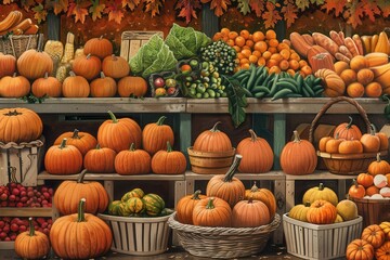 Poster - A variety of pumpkins, squash, gourds, and other fall produce are arranged on wooden shelves and baskets at a local farmers market.
