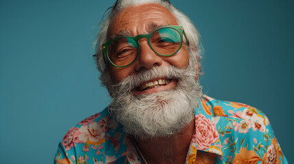 Cheerful bearded, gray-haired, grandfather in sunglasses and Hawaiian shirt laughs and looks at the camera