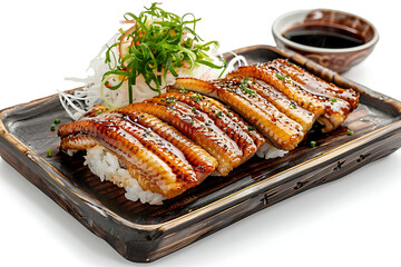 Board and plate of tasty Eel Sushi with on white background.