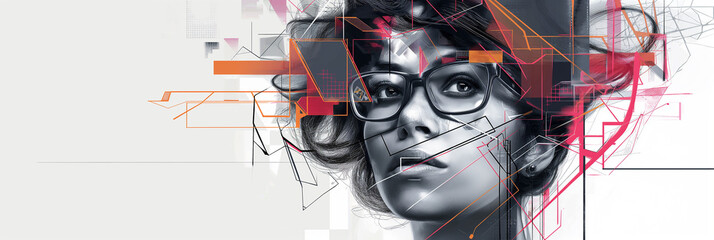 Poster - Young woman wearing glasses and surrounded by abstract shapes