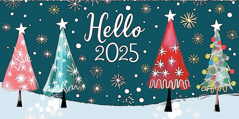Aufkleber - Hello 2025 greeting card celebrating new year with stylized christmas trees and snowflakes on teal background