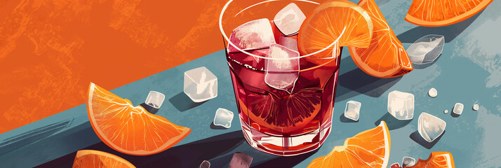 Poster - Negroni cocktail is being poured into a glass with ice and orange slices