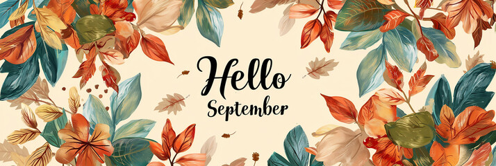 Aufkleber - Hello september banner with watercolor autumn leaves bordering text