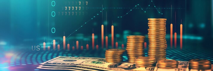 Poster - Gold coins stack growing on one hundred us dollar bills with financial trading charts background