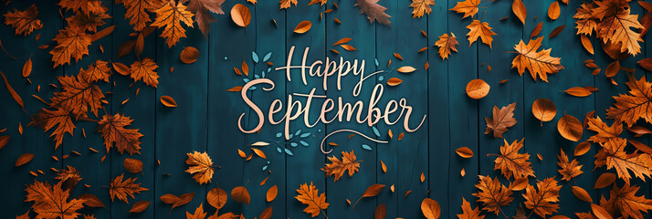happy september lettering surrounded by autumn leaves on blue wooden background