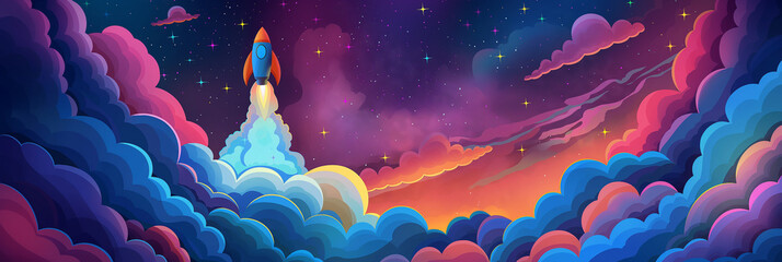 Aufkleber - Colorful spacecraft launching from earth reaching the stars