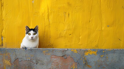 Poster - The Cat in White and Yellow Camouflaged by the Wall