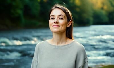 Wall Mural - Medium shot portrait video of a satisfied woman in her 30s wearing a comfortable tracksuit against a peaceful river or stream background