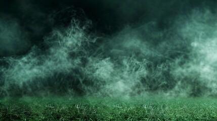 Wall Mural - Smoke green background dark ground light smell toxic black bad fog stadium stink mist. Background green grass smoke cloud fart soccer night field dust poison potion floating sport transparent dirty