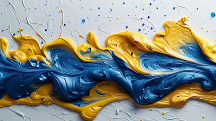Poster - blue and yellow paint swirls on white background