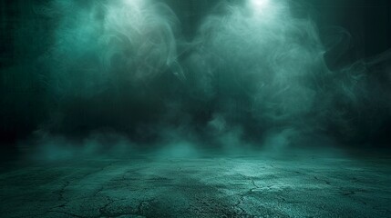 Wall Mural - Dark street, asphalt abstract green background, empty dark scene, neon light, spotlights The concrete floor and studio room with smoke float up the interior texture for display products, Night view