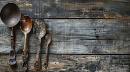 Antique utensils on old wooden surface