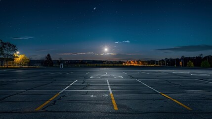 Poster - A parking lot is empty at night with a full moon in the sky 