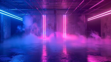 Wall Mural - Sci Fi Futuristic Smoke Fog Neon Laser and graffiti art in Garage Room,blue pink violet neon abstract background,ultraviolet light,night club Cyber Undergound Warehouse Concrete Reflective Studio