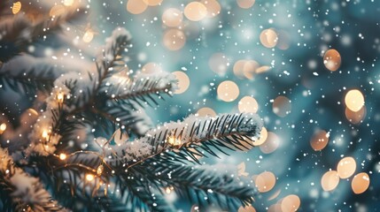 Canvas Print - Snow-Covered Pine Branch with Festive Lights