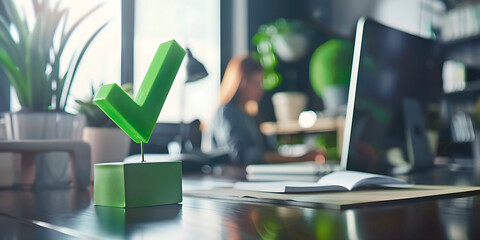 Poster - A green check mark is on a small green block on a desk. A person is sitting at the desk, possibly working or studying