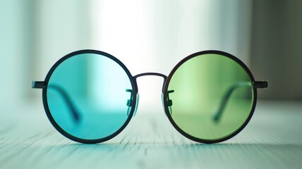 Round frame glasses with blue and green tinted lenses on white surface