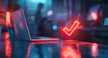 Poster - A red check mark is on a glass object on a table.  Scene is that of a work environment