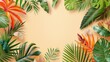 © bteeranan - Layered tropical leaves with contrasting colors on an earth tone Memphis backdrop, high-resolution, perfect for eye-catching and unique desktop designs
