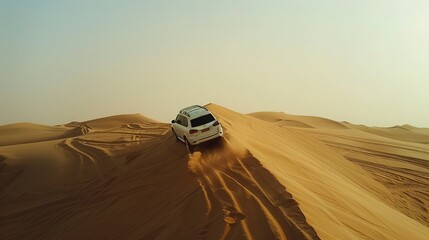 Wall Mural - wide-angle shot, white SUV driving on a dune, daytime