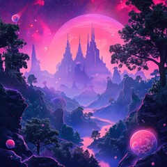 Wall Mural - A  Pink-Hued  Fantasy  Landscape  with a  Silhouette  of  a  Castle