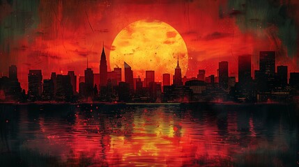 Poster - Silhouette of a City Skyline With a Large Red Sun Setting Over the Water