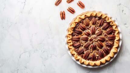 Wall Mural - Freshly baked pecan pie with decorative top and shells on marble surface