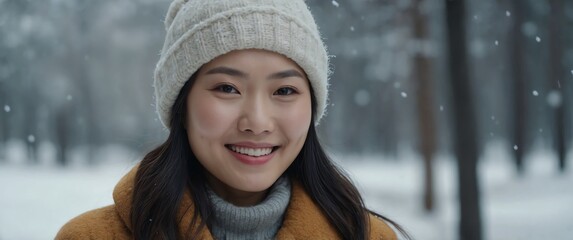 Poster - asian woman smiling in winter background portrait model with clear natural face healthy face skin ad concept