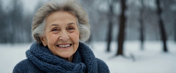 Poster - elderly woman smiling in winter background portrait model with clear natural face healthy face skin ad concept