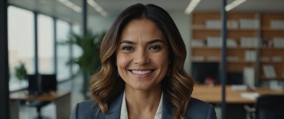 Poster - hispanic woman smiling in office background portrait model with clear natural face healthy face skin ad concept