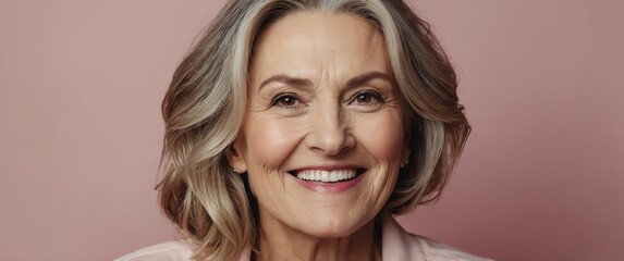 Poster - mature woman smiling in plain pink background portrait model with clear natural face healthy face skin ad concept