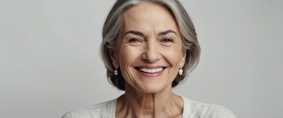 Poster - mature woman smiling in plain white background portrait model with clear natural face healthy face skin ad concept