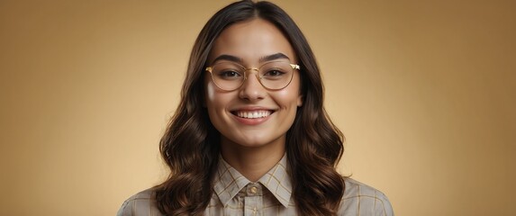 Poster - nerd woman smiling in plain gold background portrait model with clear natural face healthy face skin ad concept