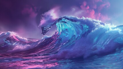 Poster - Neon Wave Crashing on a Purple Sky